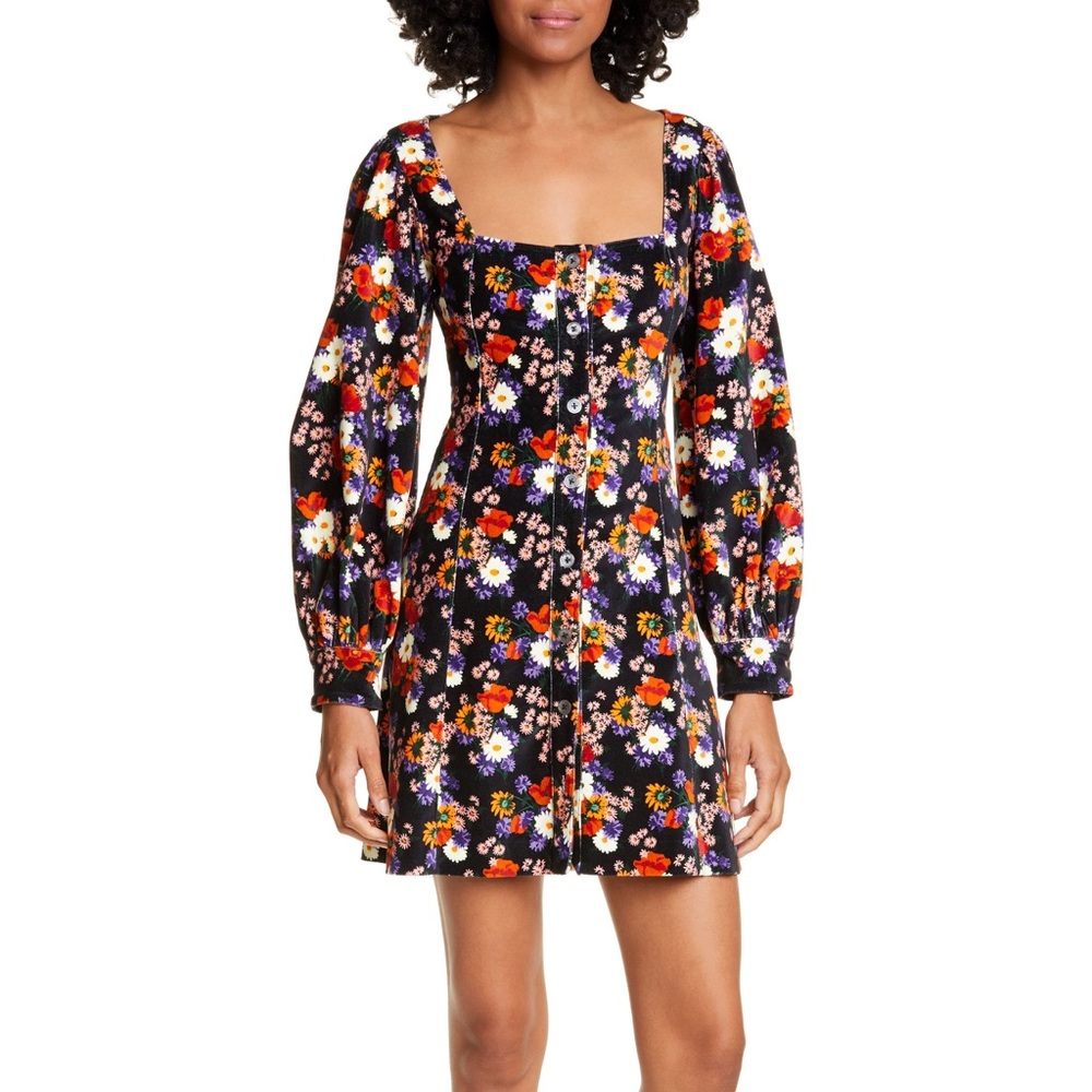 Staud Chandler Dress Black Floral Velvet Size Large